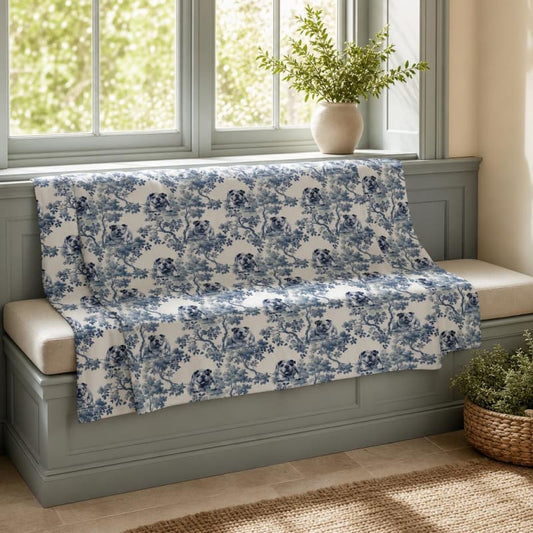 English Bulldog breed toile blanket on a window seat