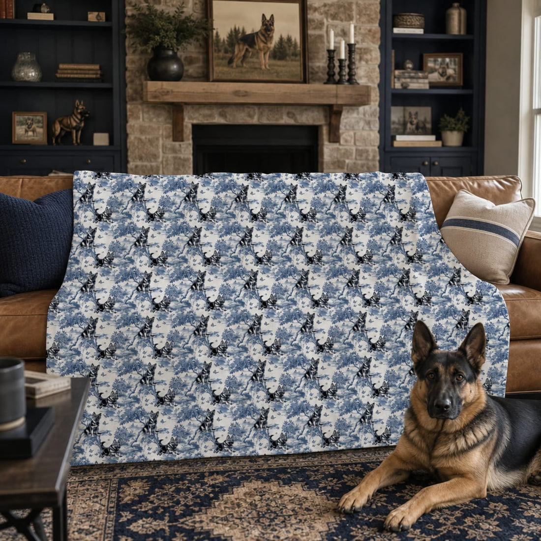 German Shepherd blanket in blue French toile, German Shepherd gifts
