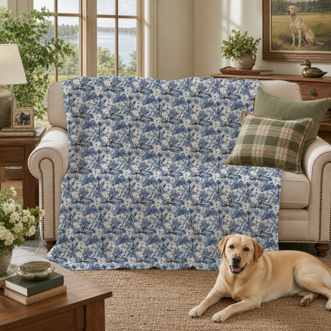 Labrador Retriever blanket in blue French toile, Labrador gifts