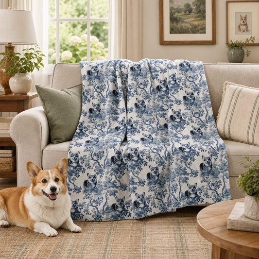 Corgi toile blanket in a cozy room, Corgi gifts