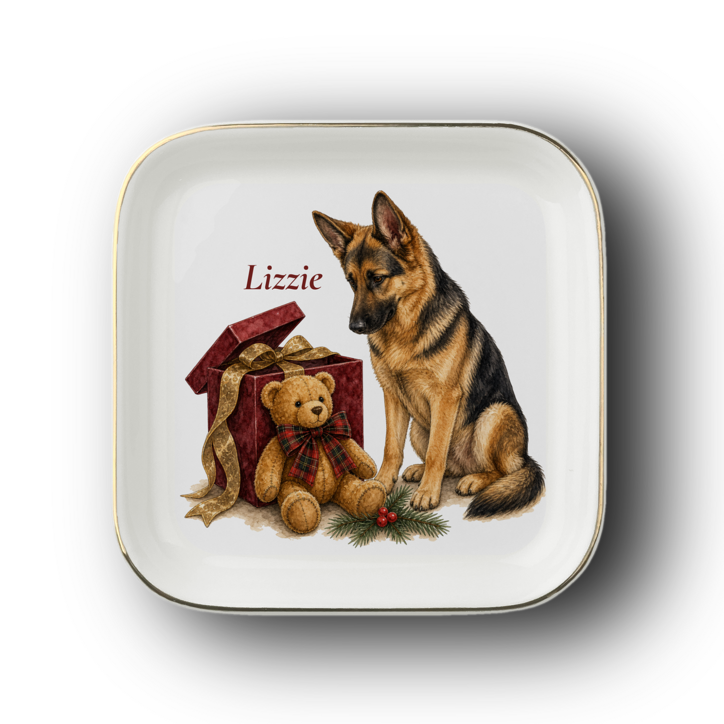 German Shepherd jewelry dish on a white background