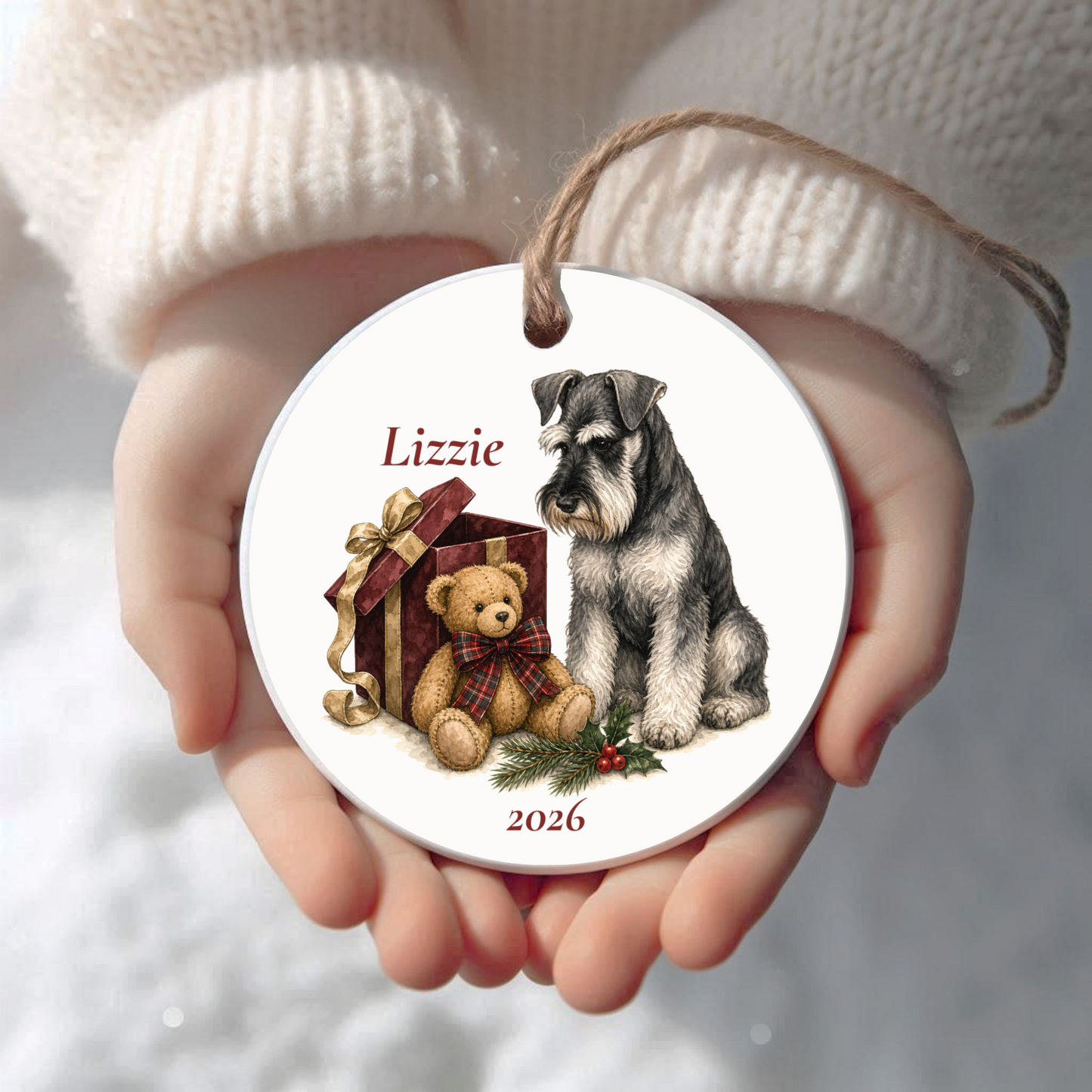 Personalized Standard Schnauzer Christmas ornament held in cupped hands