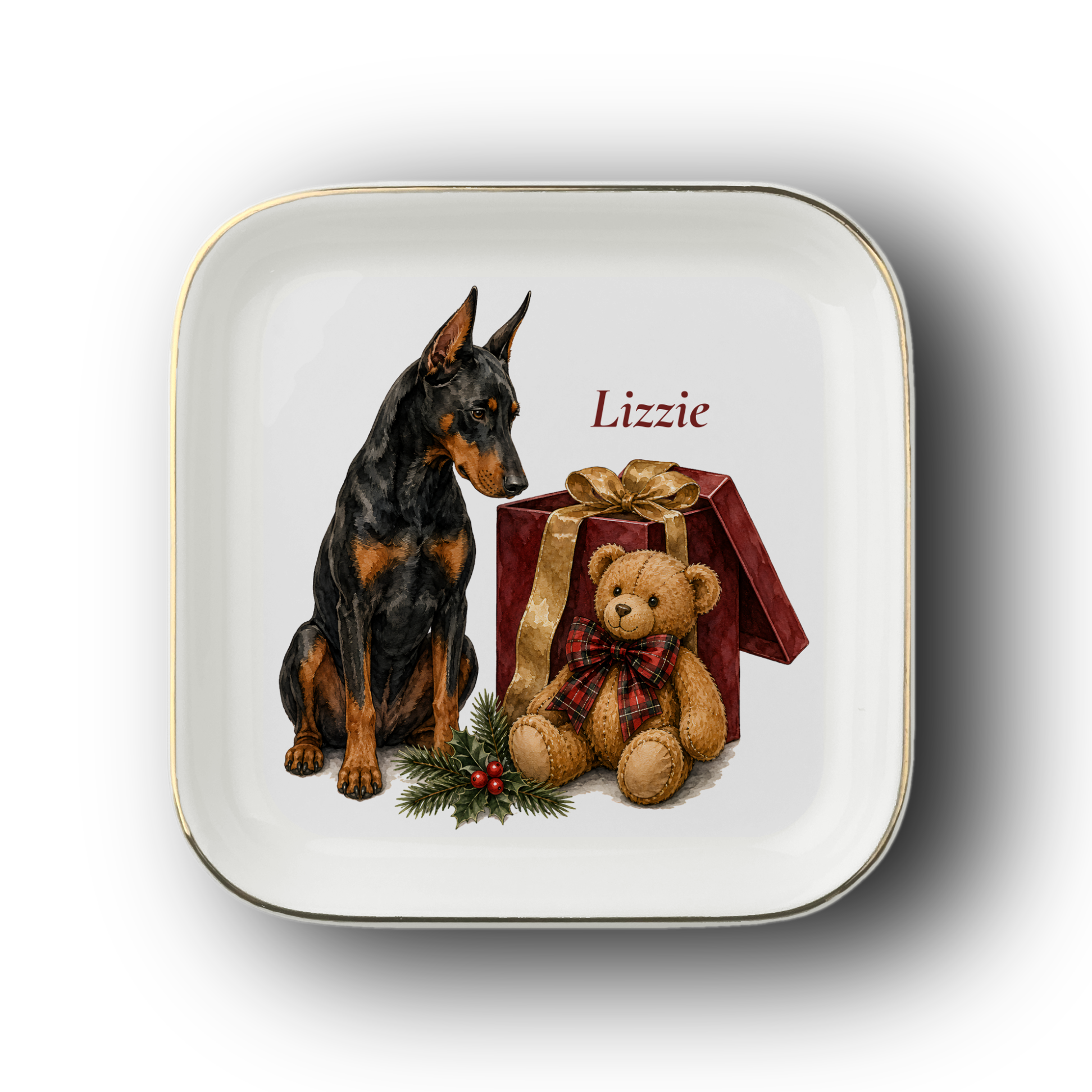 Doberman jewelry dish on a white background