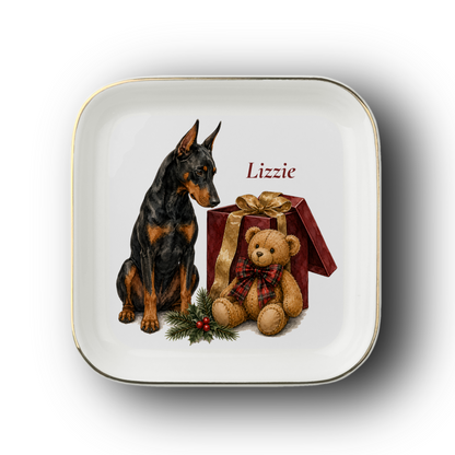 Doberman jewelry dish on a white background