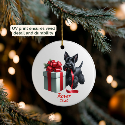 Personalized Scottish Terrier ornament hanging on a lit Christmas tree