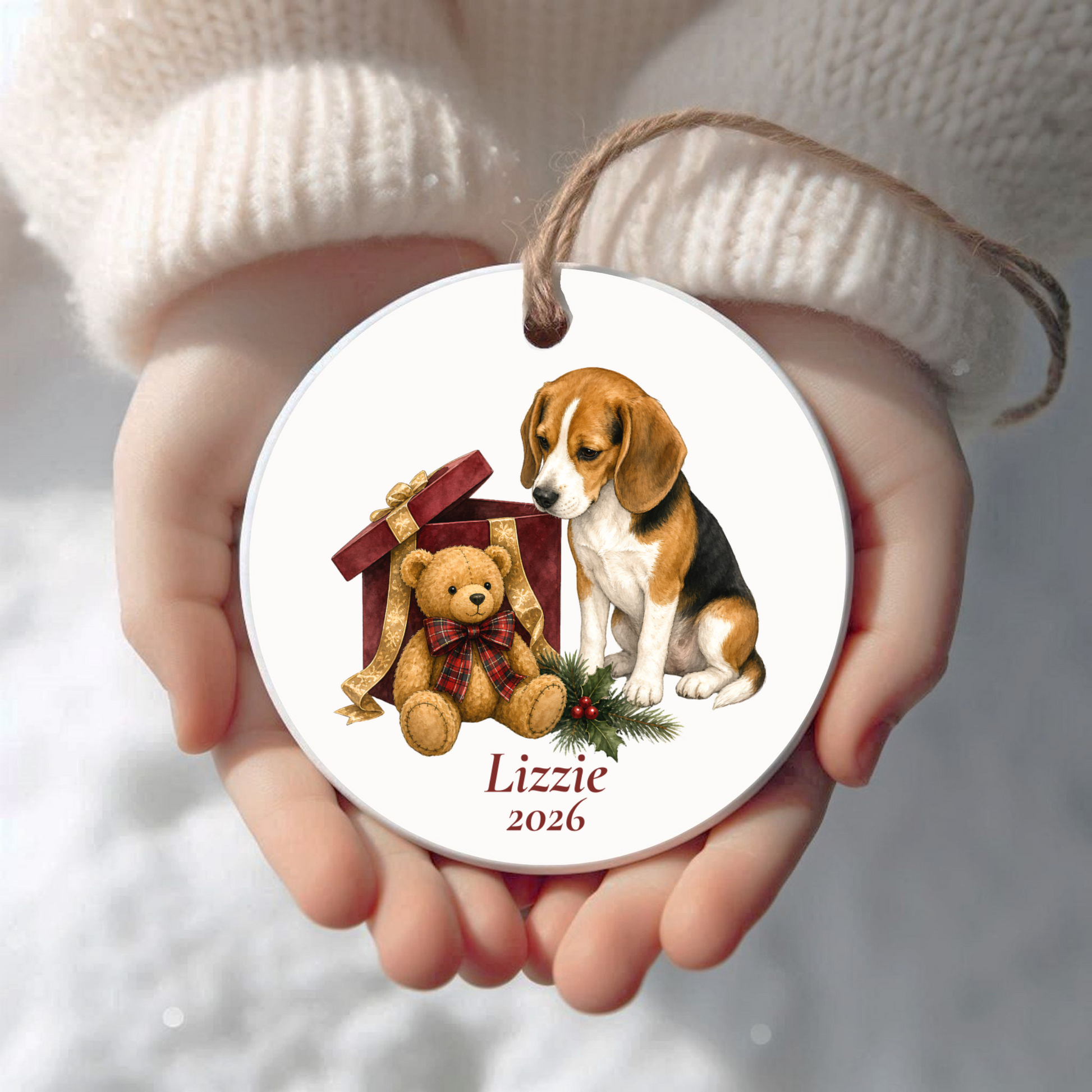 Personalized Beagle Christmas ornament held in cupped hands