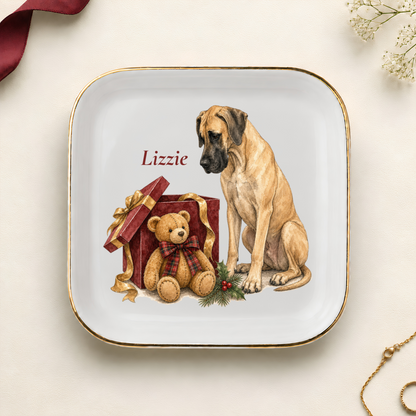 Personalized Great Dane Christmas jewelry dish with gold rim