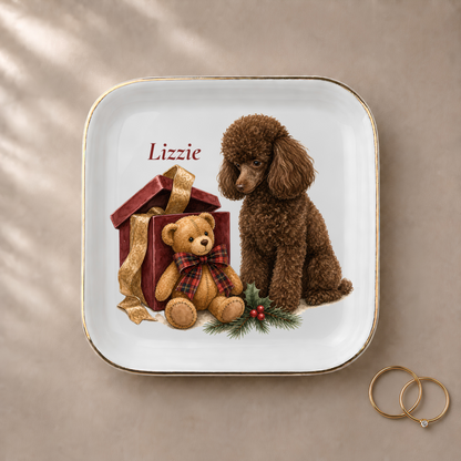 Miniature Poodle jewelry dish styled with gold rings and a personalized name