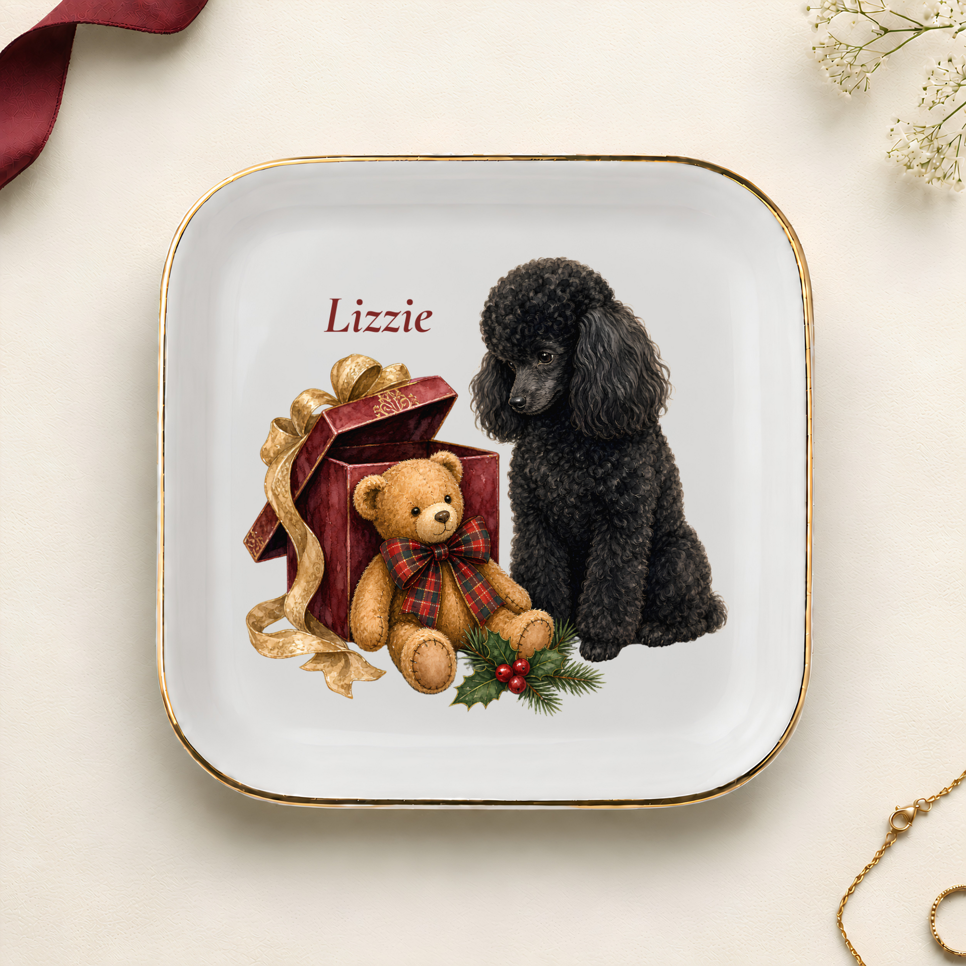 Personalized Miniature Poodle Christmas jewelry dish with gold rim