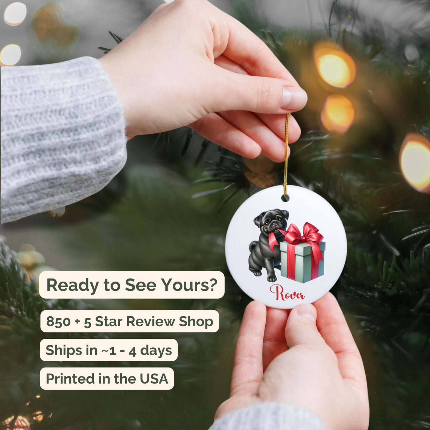 Pug Ornament with Custom Name