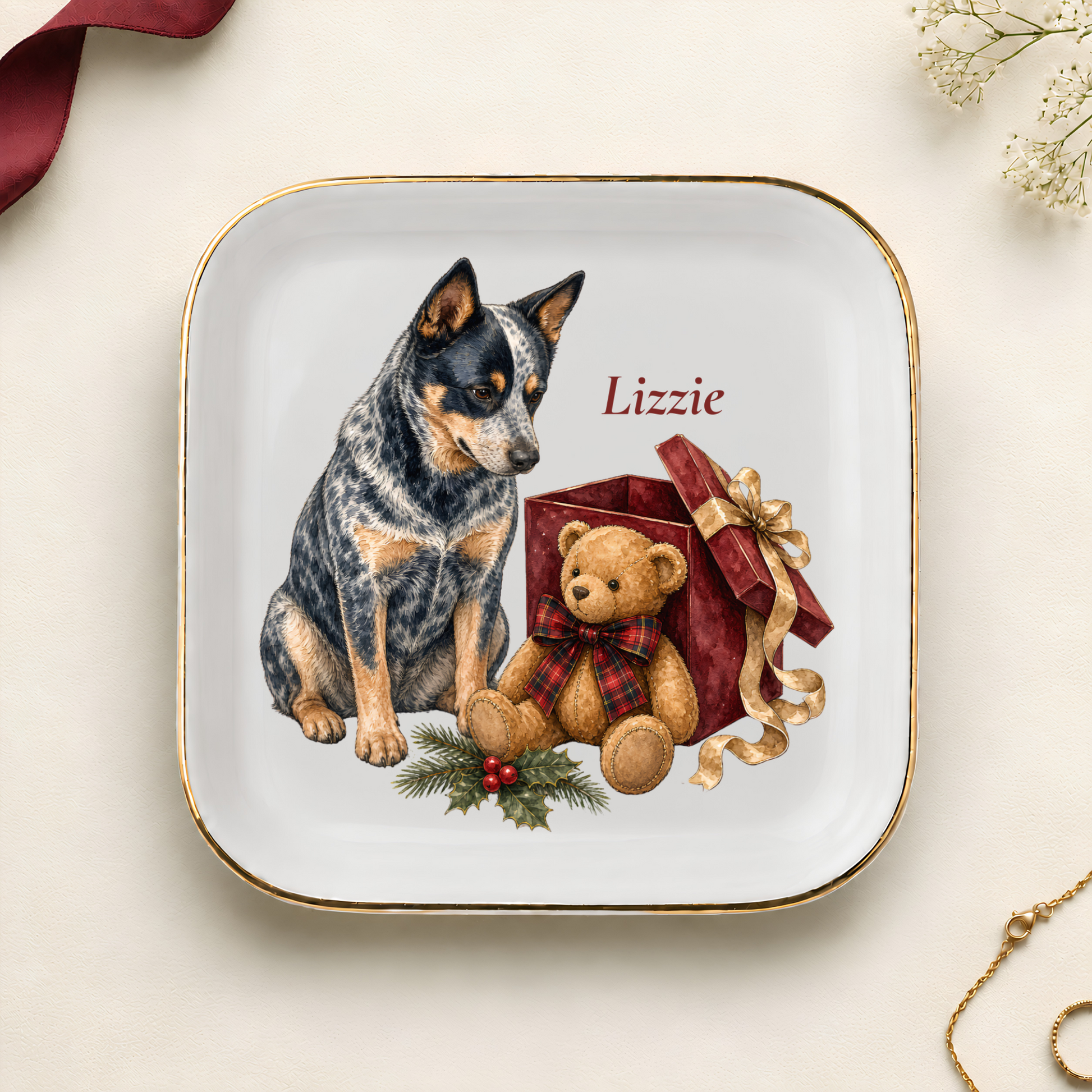 Personalized Australian Cattle Dog Christmas jewelry dish with gold rim