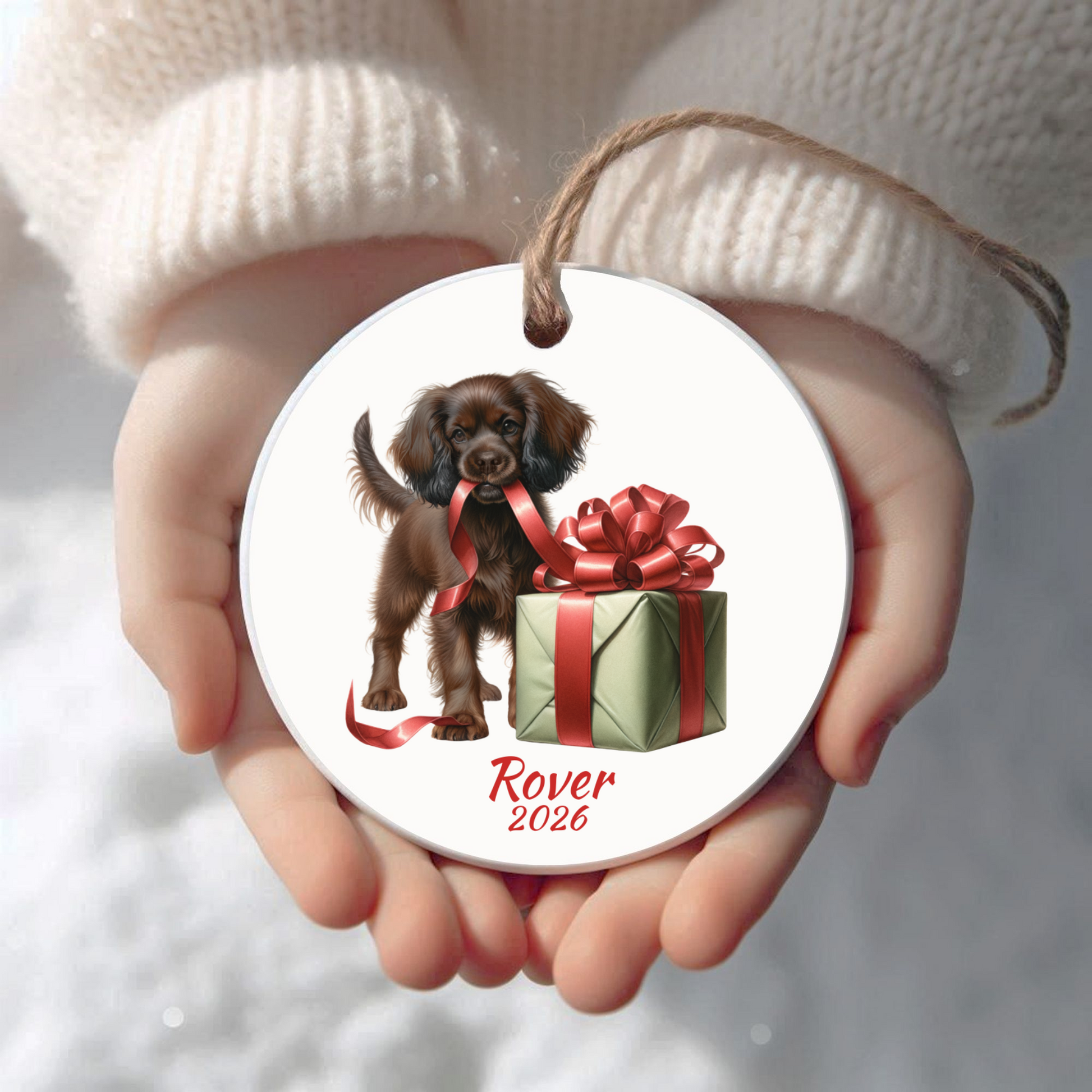 Personalized Boykin Spaniel Christmas ornament held in cupped hands