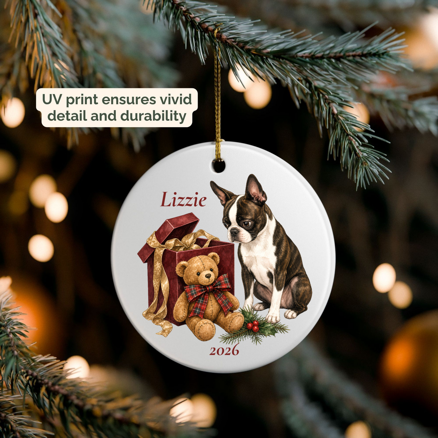 Personalized Boston Terrier (Brindle) ornament hanging on a lit Christmas tree