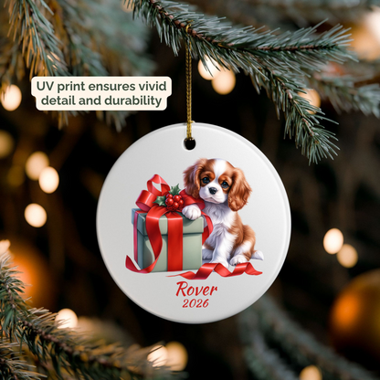 Personalized Blenheim Cavalier King Charles Spaniel ornament hanging on a lit Christmas tree