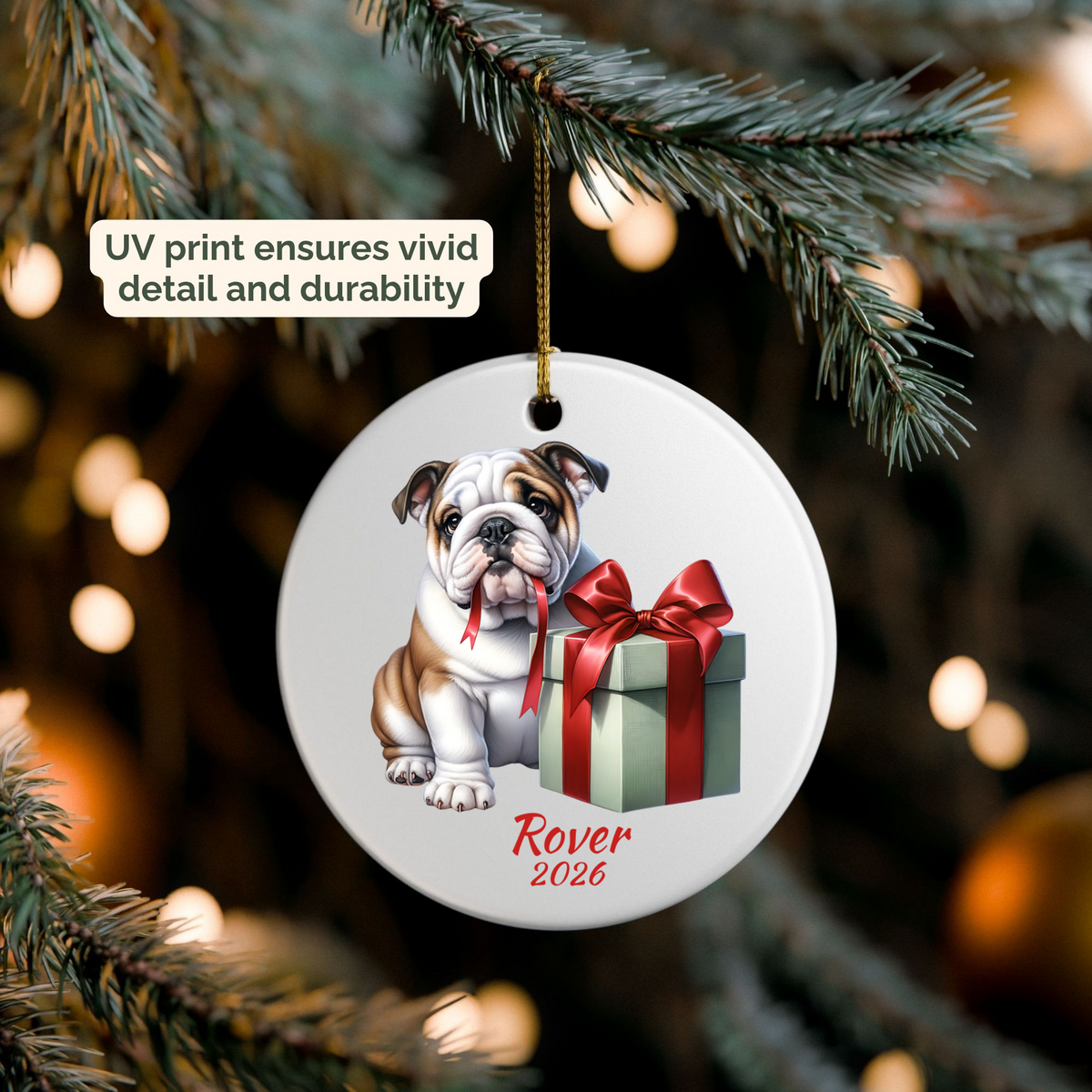 Personalized English Bulldog ornament hanging on a lit Christmas tree