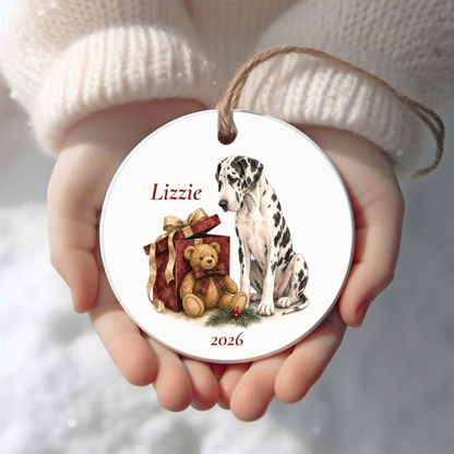 Personalized Great Dane (Harlequin) Christmas ornament held in cupped hands