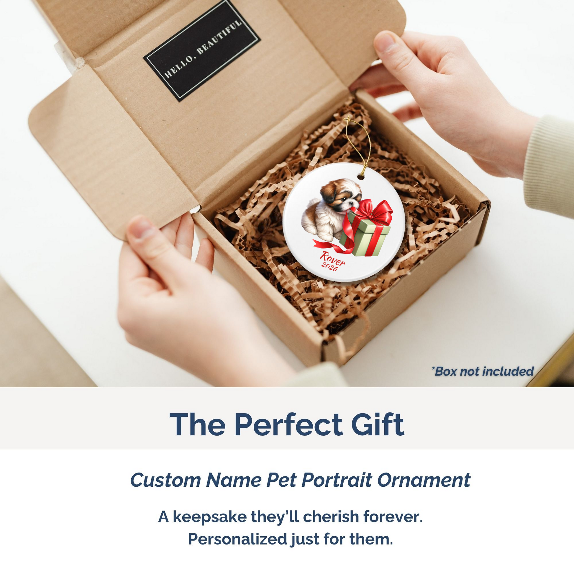 Shih Tzu personalized ornament packed in a gift mailer box