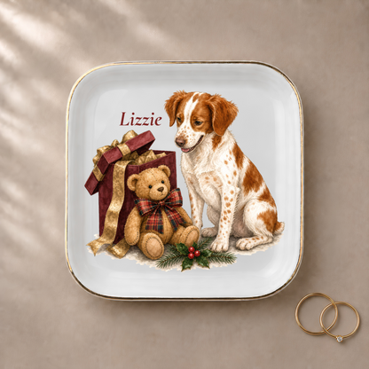 Brittany Spaniel jewelry dish styled with gold rings and a personalized name