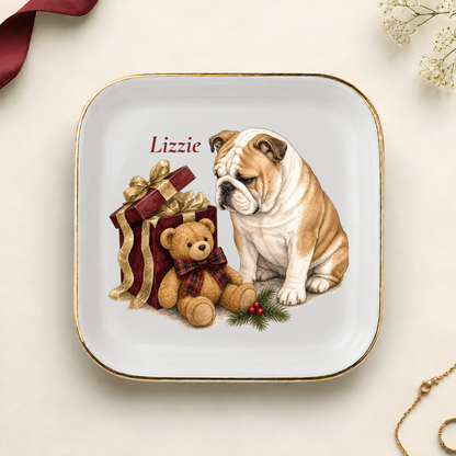 Personalized English Bulldog Christmas jewelry dish with gold rim