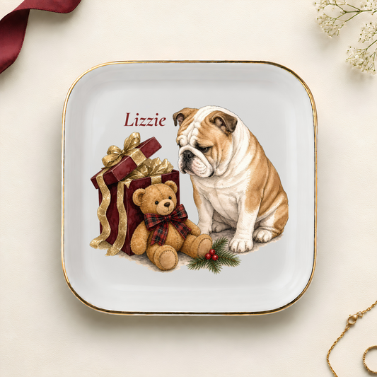 Personalized English Bulldog Christmas jewelry dish with gold rim