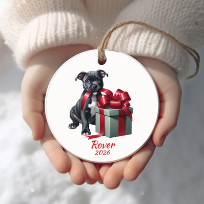 Personalized American Staffordshire Terrier Christmas ornament held in cupped hands