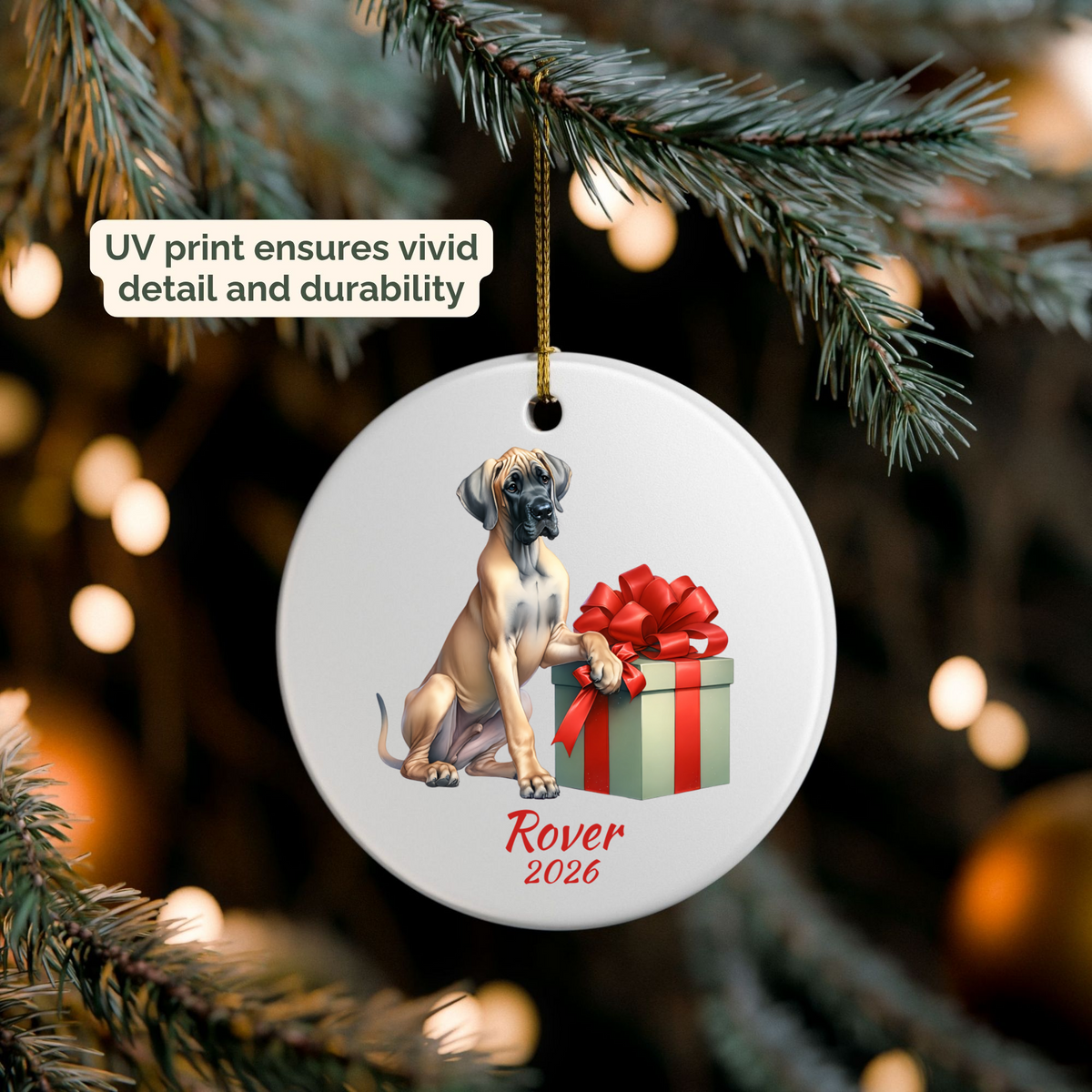 Personalized Great Dane ornament hanging on a lit Christmas tree