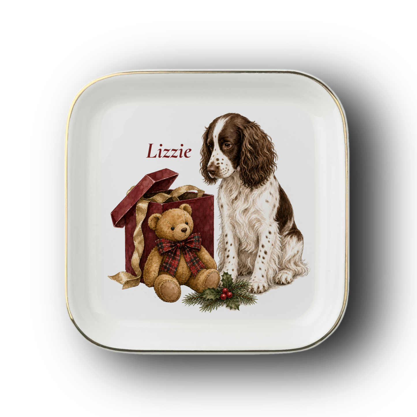 English Springer Spaniel jewelry dish on a white background