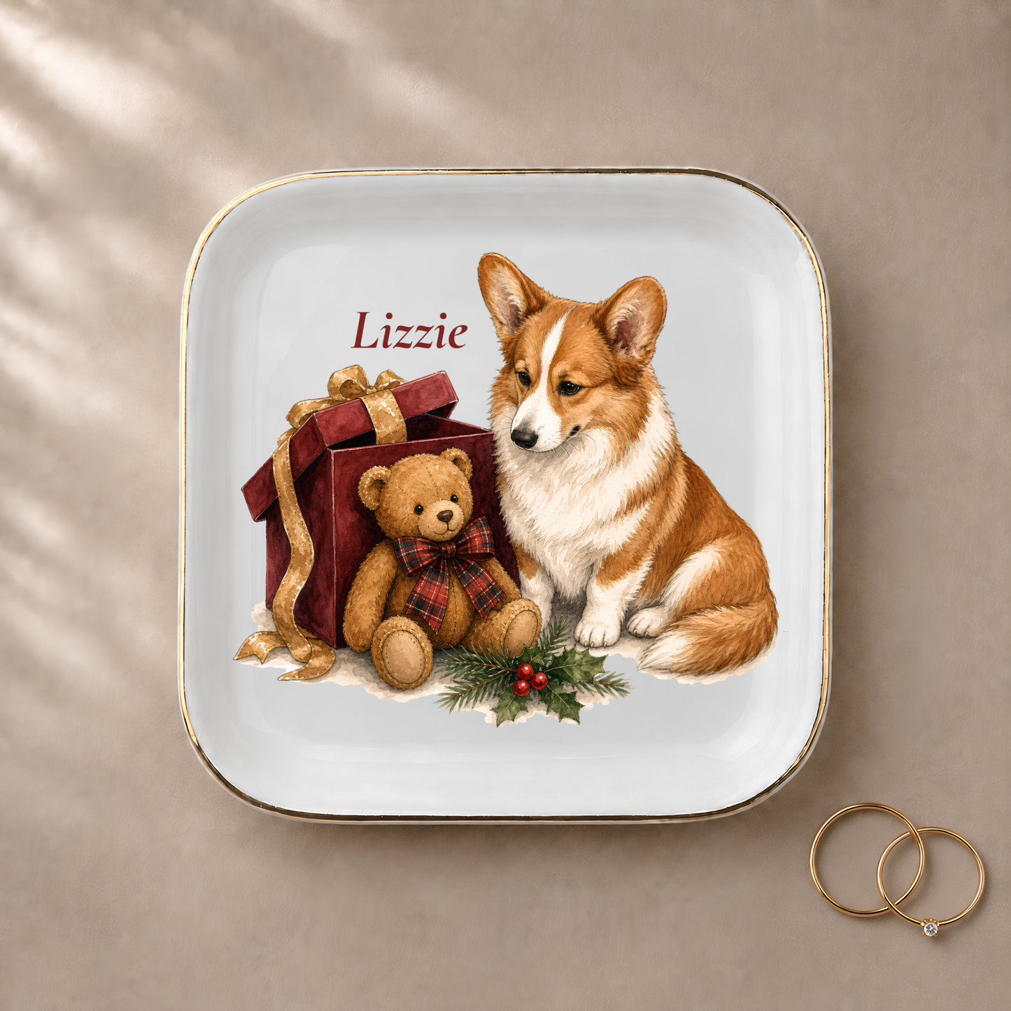 Cardigan Welsh Corgi jewelry dish styled with gold rings and a personalized name