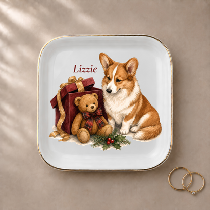 Cardigan Welsh Corgi jewelry dish styled with gold rings and a personalized name