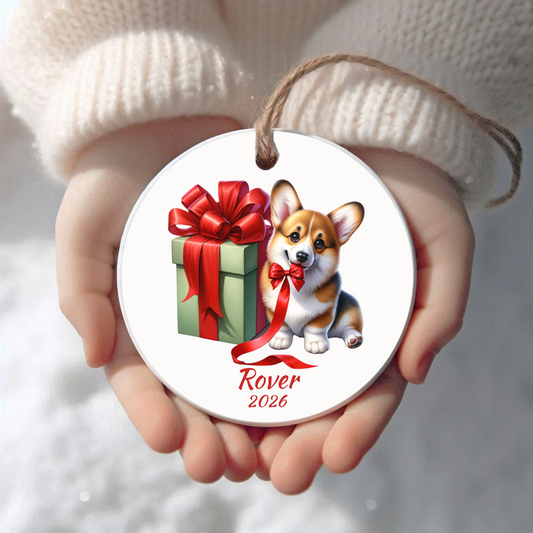 Personalized Corgi Christmas ornament held in cupped hands