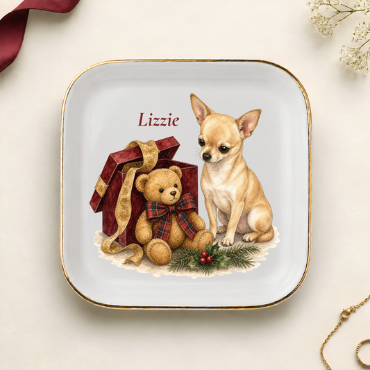Personalized Chihuahua Christmas jewelry dish with gold rim