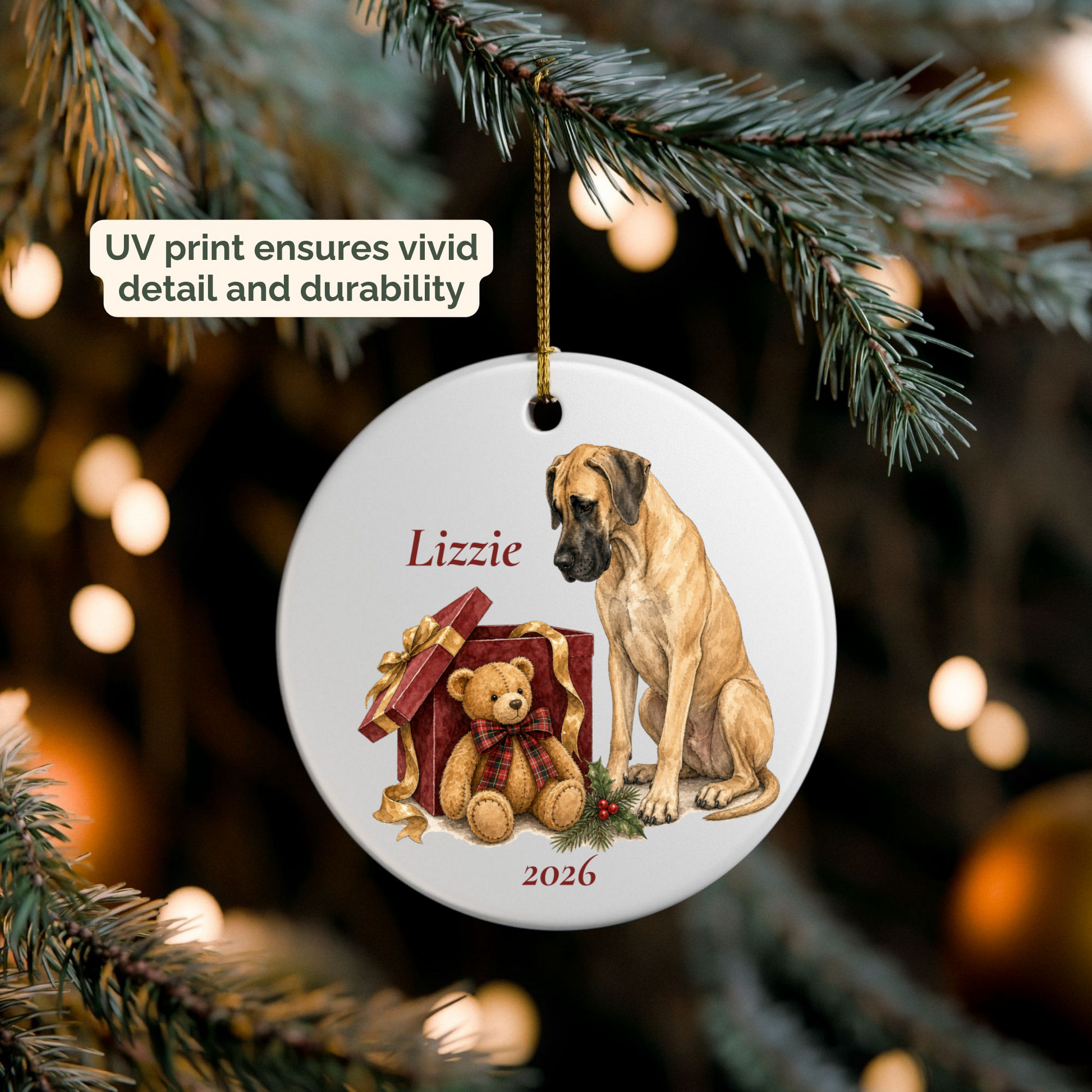 Personalized Great Dane (Fawn) ornament hanging on a lit Christmas tree