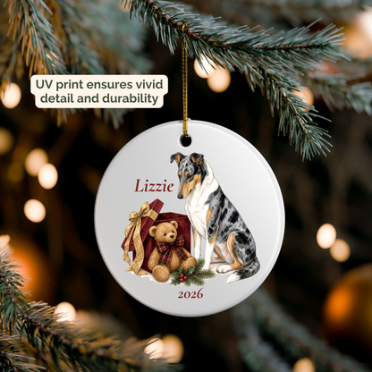 Personalized Smooth Collie ornament hanging on a lit Christmas tree