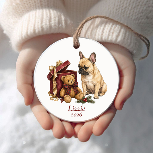 Personalized French Bulldog (Fawn) Christmas ornament held in cupped hands