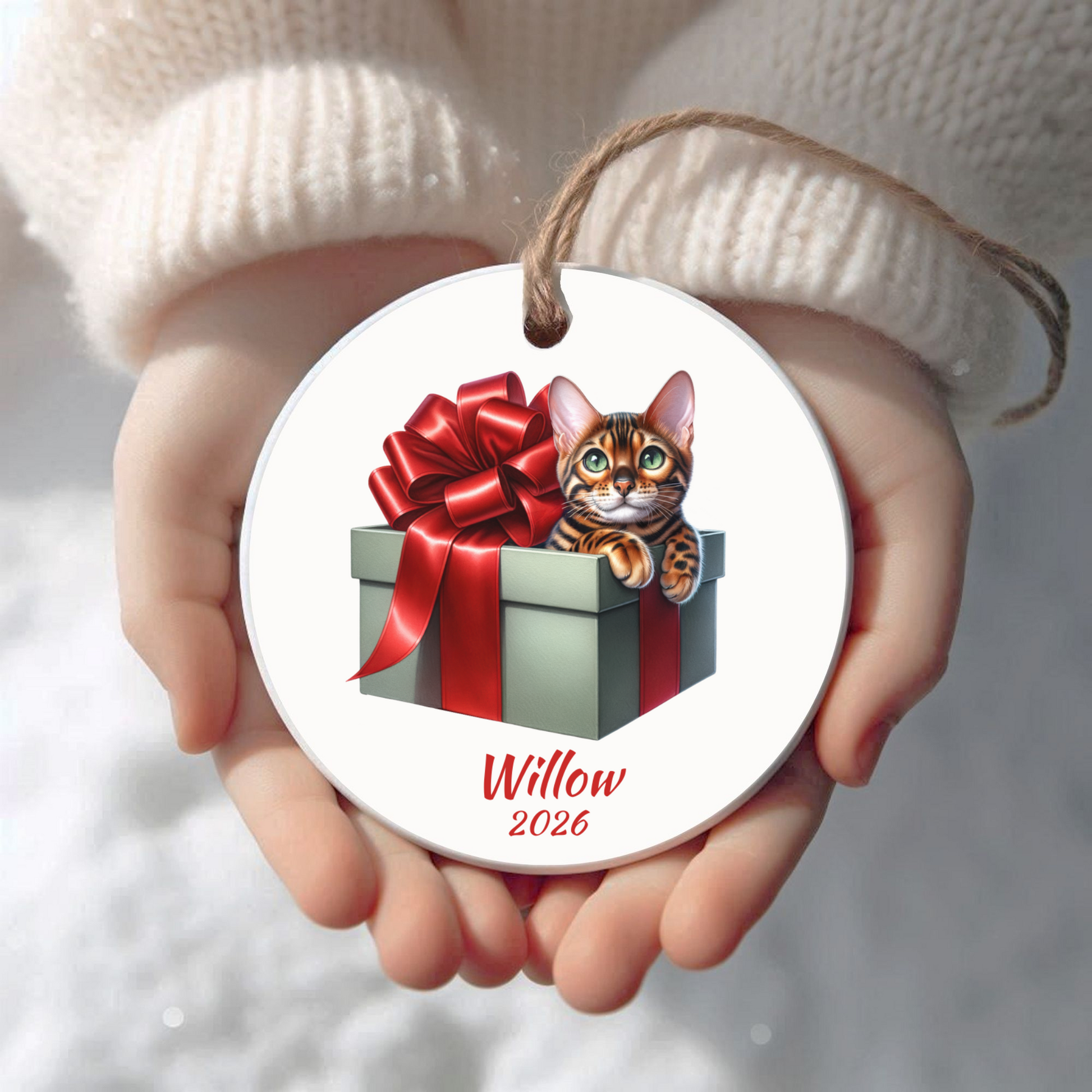 Personalized Bengal Cat Christmas ornament held in cupped hands