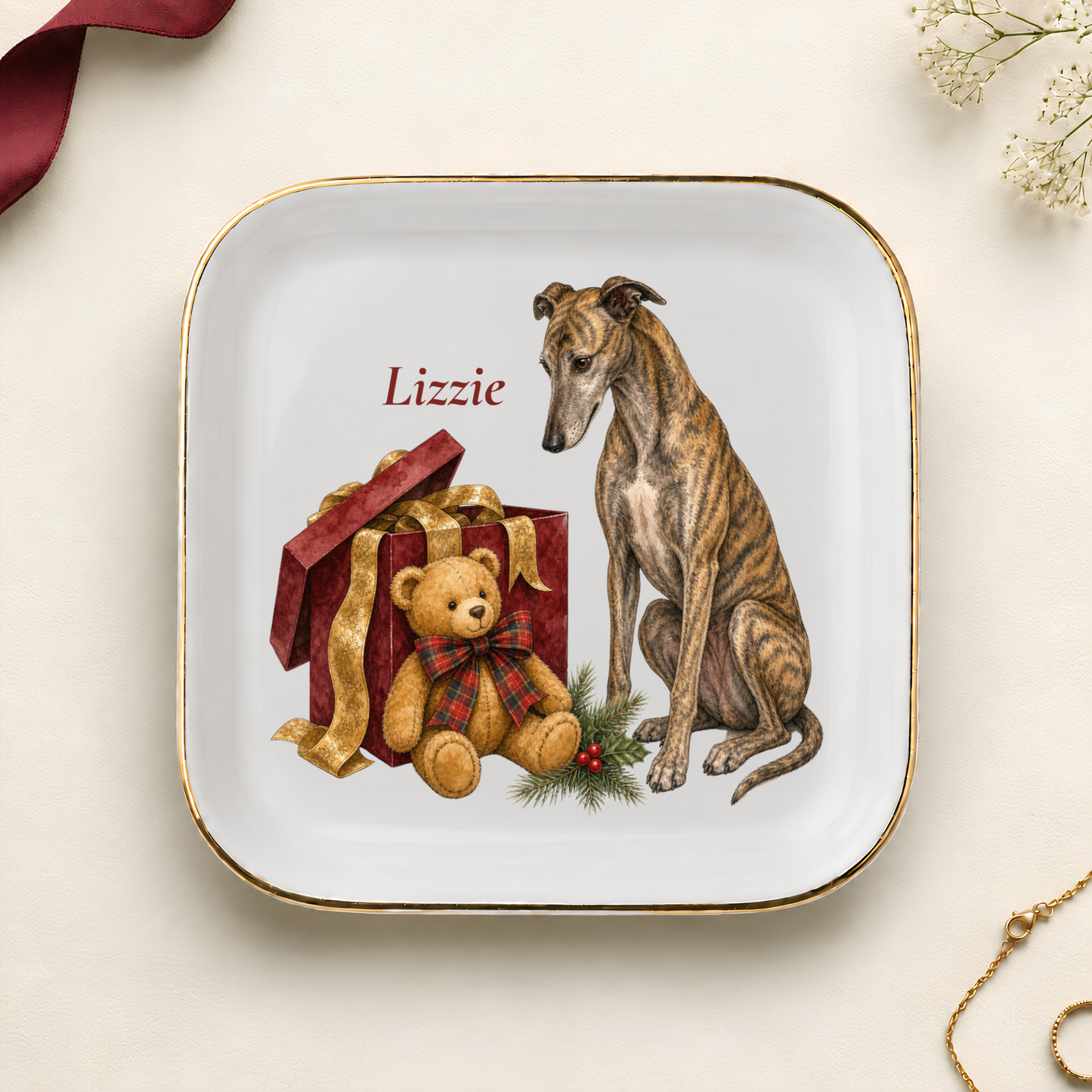 Personalized Greyhound Christmas jewelry dish with gold rim