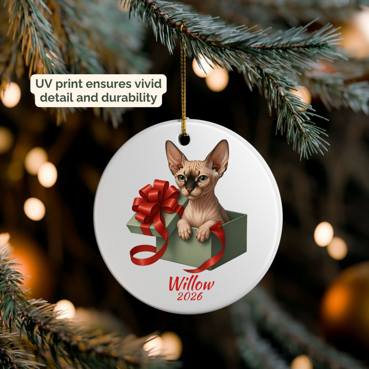 Personalized Sphynx Cat ornament hanging on a lit Christmas tree