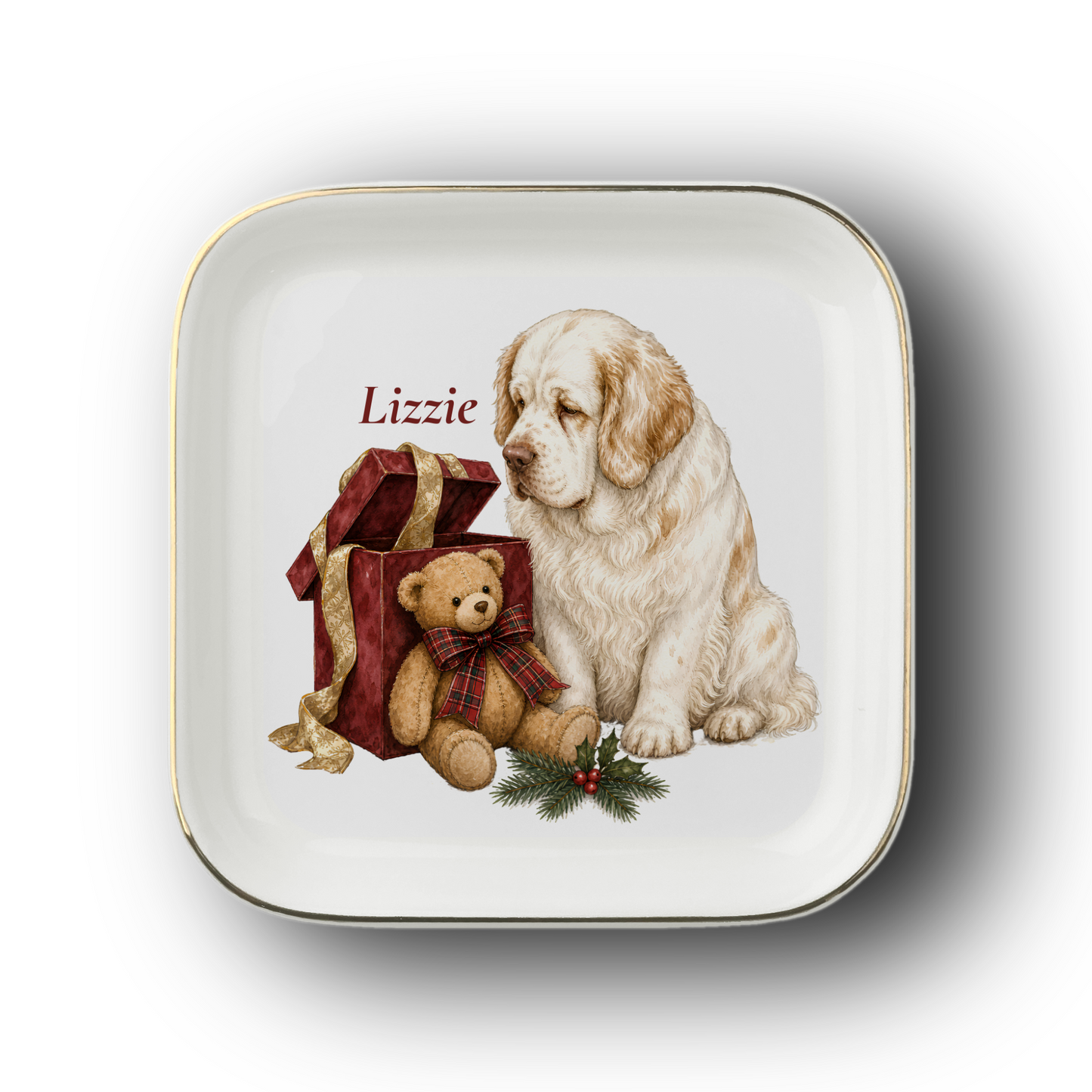 Clumber Spaniel jewelry dish on a white background