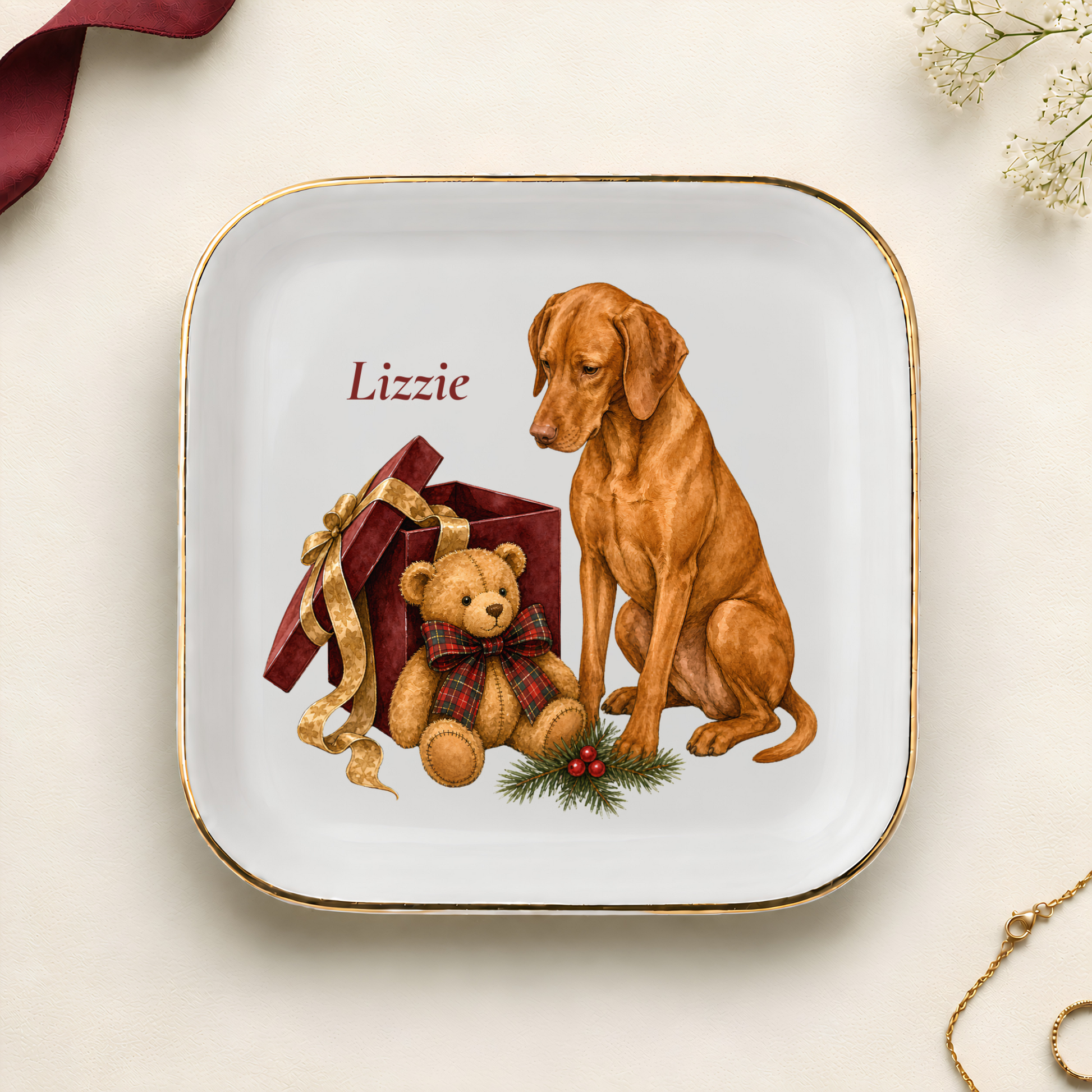 Personalized Vizsla Christmas jewelry dish with gold rim