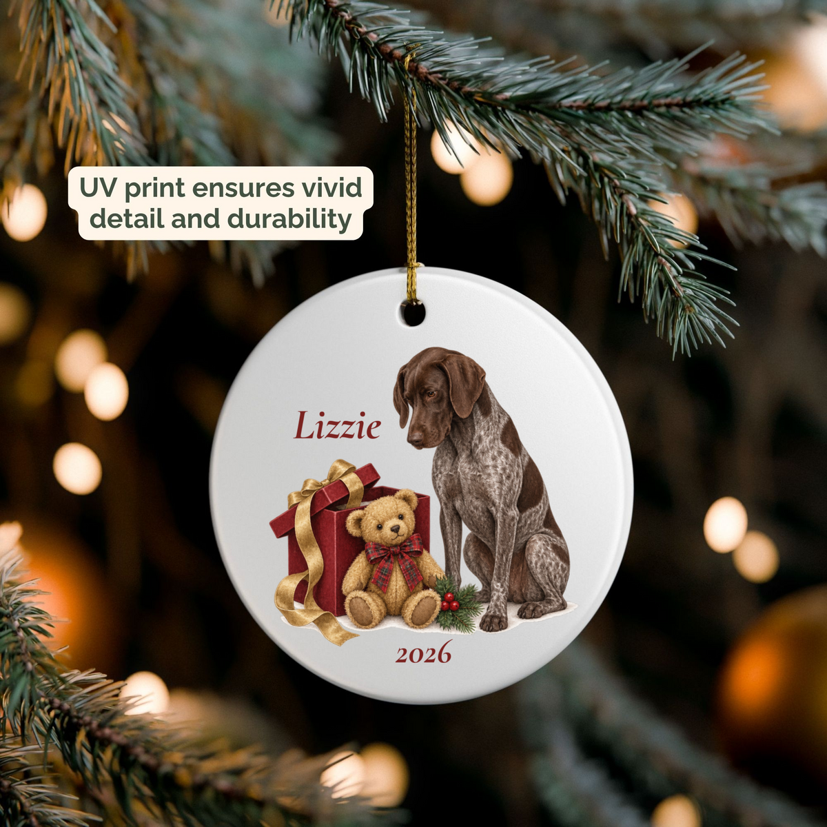 German Shorthaired Pointer (Liver & Roan) personalized Bear Necessities ornament packed in a gift mailer box