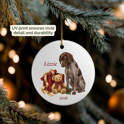 German Shorthaired Pointer (Liver & Roan) personalized Bear Necessities ornament packed in a gift mailer box