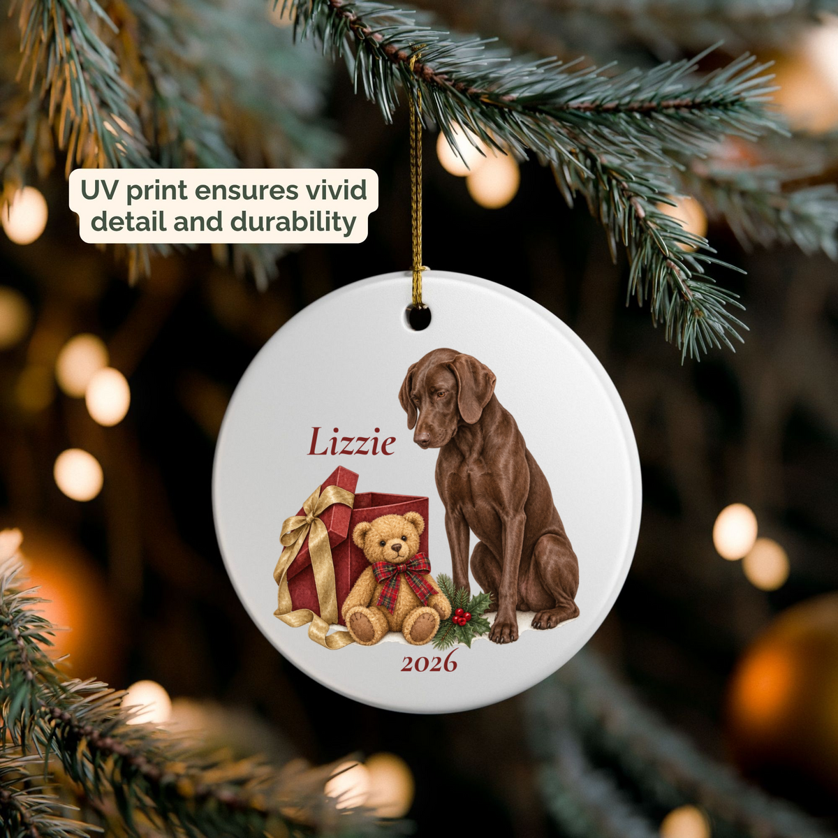 German Shorthaired Pointer (Liver) personalized Bear Necessities ornament packed in a gift mailer box