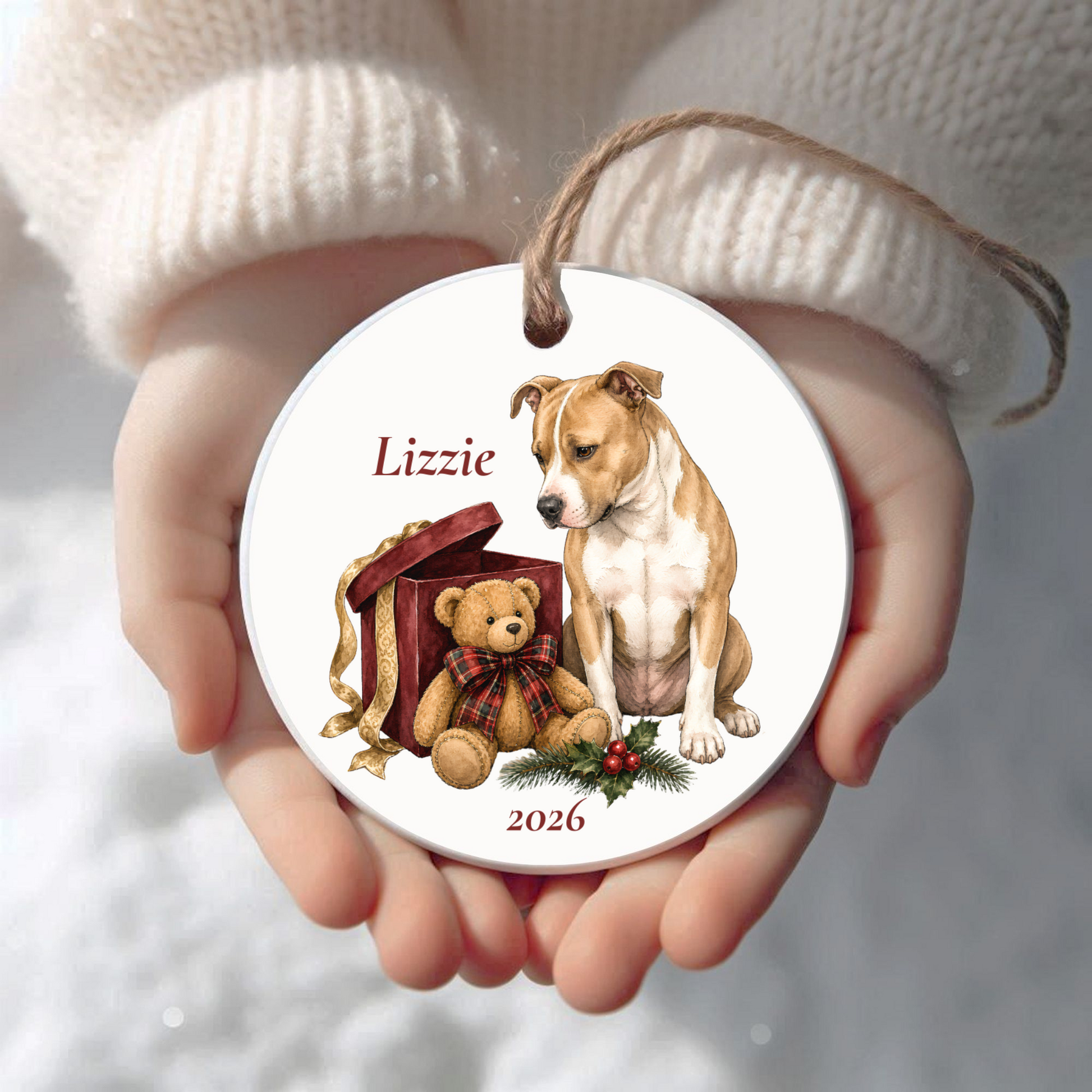 Personalized Pitbull Christmas ornament held in cupped hands