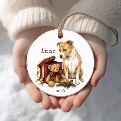 Personalized Pitbull Christmas ornament held in cupped hands
