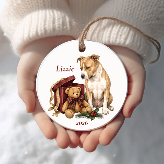 Personalized Pitbull Christmas ornament held in cupped hands