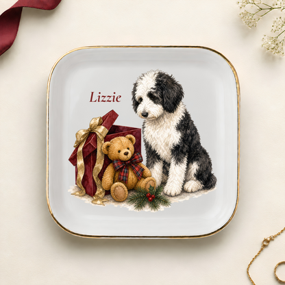 Personalized Sheepadoodle Christmas jewelry dish with gold rim