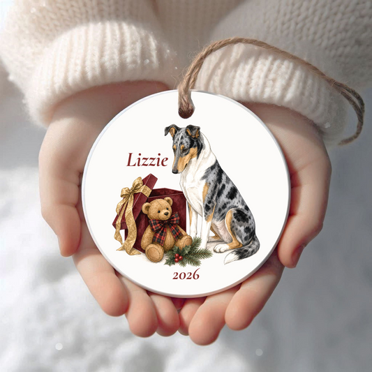 Personalized Smooth Collie Christmas ornament held in cupped hands