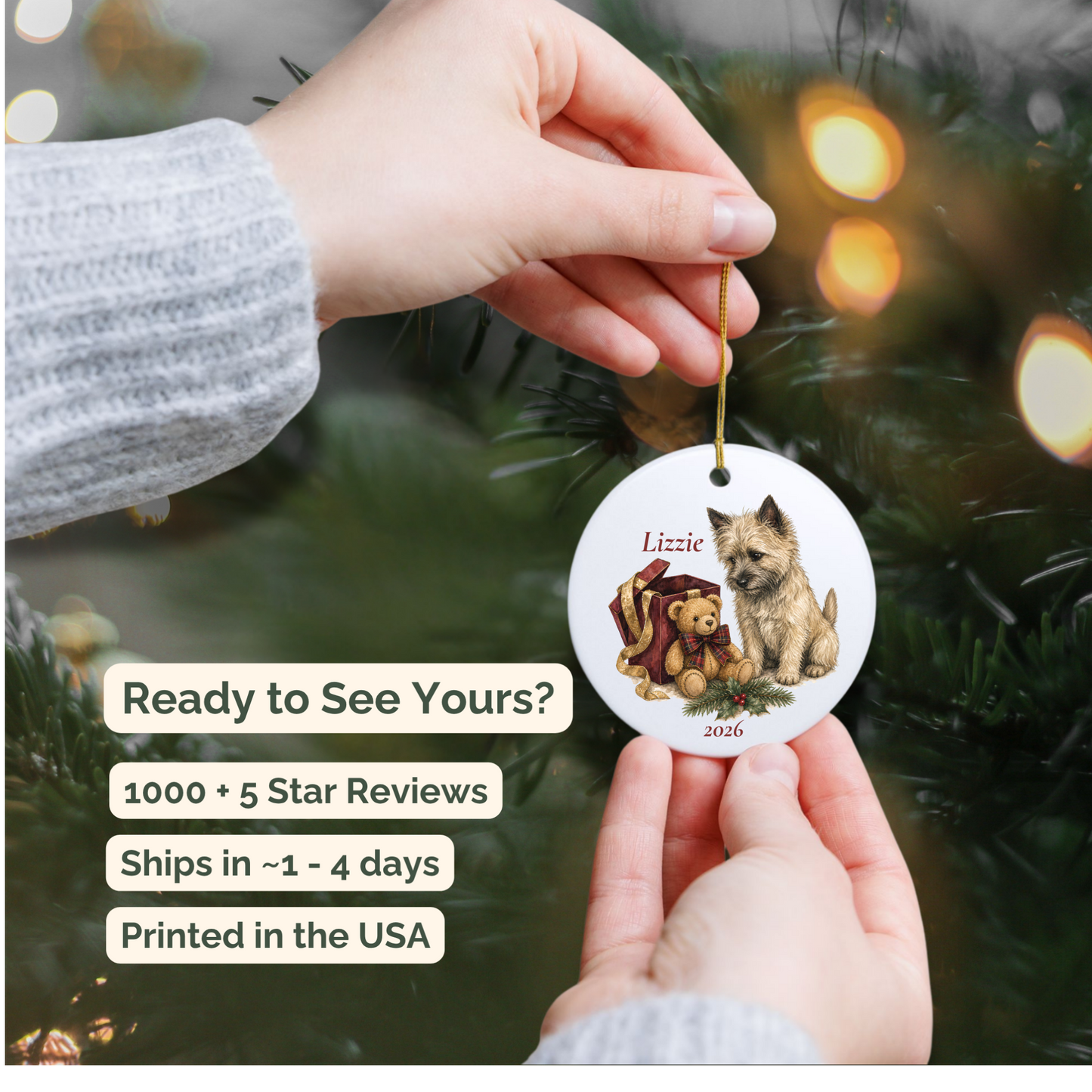 Hand holding a personalized Cairn Terrier ceramic ornament in front of a Christmas tree