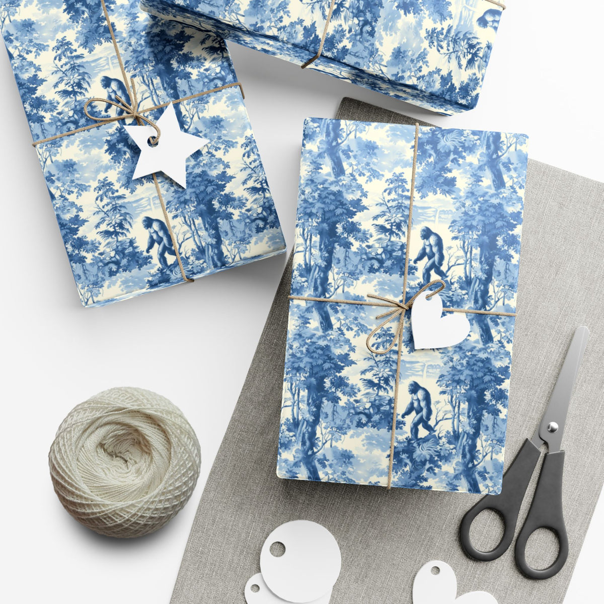 Bigfoot Blue Toile Christmas wrapping paper