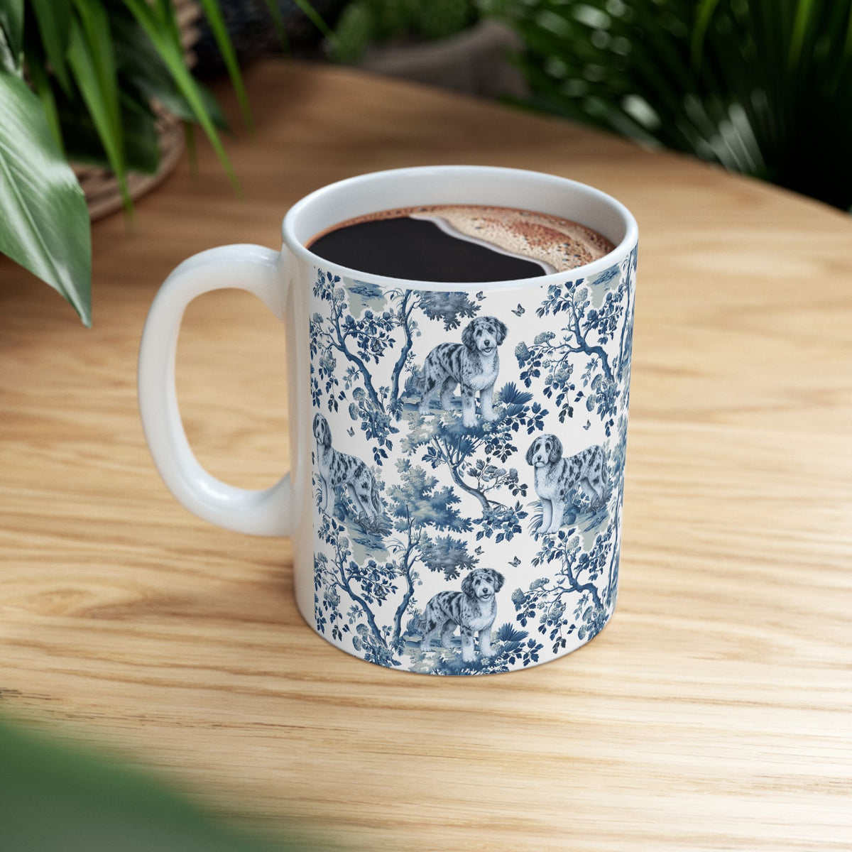 Aussiedoodle Garden Toile ceramic mug styled on a table — lifestyle photo